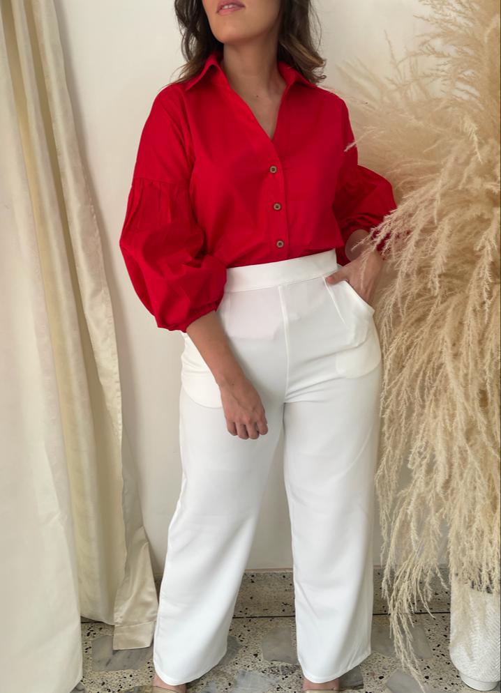 Pantalón Palazzo Blusa Blanca Con Pantalon Rojo Pantalón Palazzo